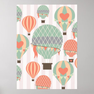 Poster Pastel Hot Air Balloons Rising Pink Striped Sky