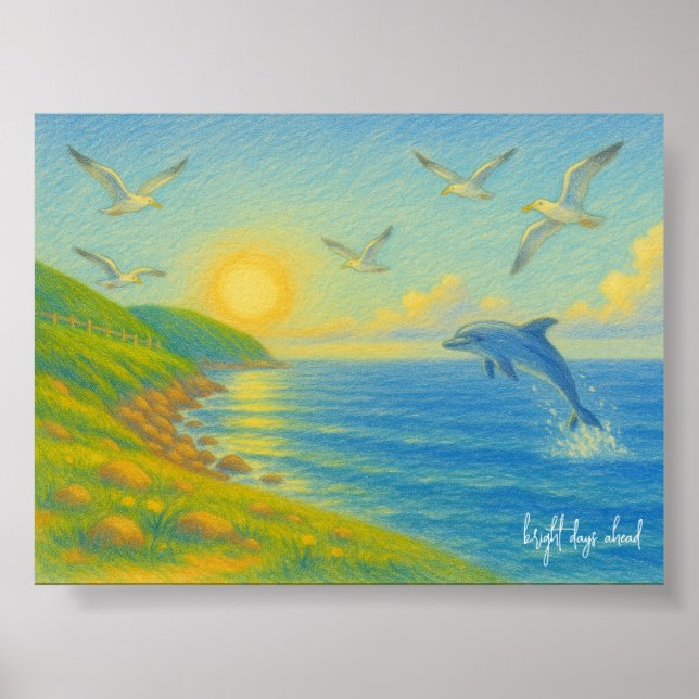 Poster Pastel Ocean Sunset Landscape Painting Dolphin (Frente)