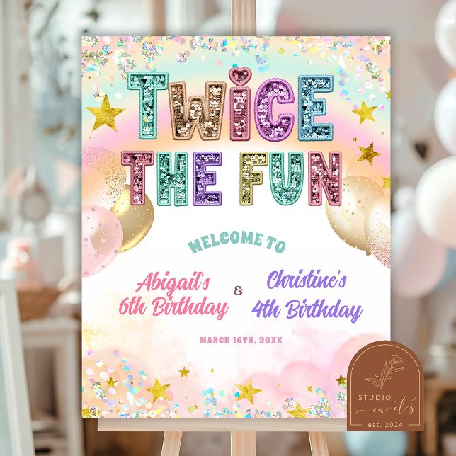 Poster Pastel Sequin Glitter Double Birthday Welcome Sign (Criador carregado)