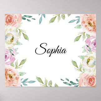 Poster Pastel Watercolor Floral com Nome Personalizado