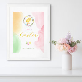 Poster Pastel Watercolor Splashes And Chick Happy Easter