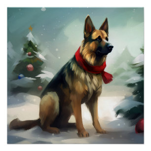 Póster Pastor Alemão na Neve de Natal