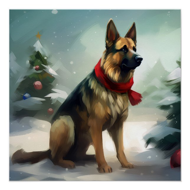 Póster Pastor Alemão na Neve de Natal (Frente)