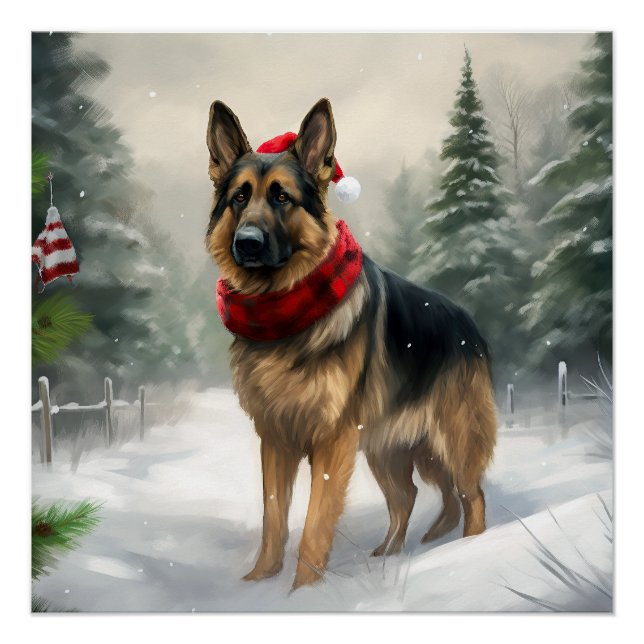Póster Pastor Alemão na Neve de Natal (Frente)