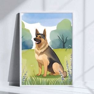 Poster Pastor Alemão Pintura em Aquarela de Cachorro