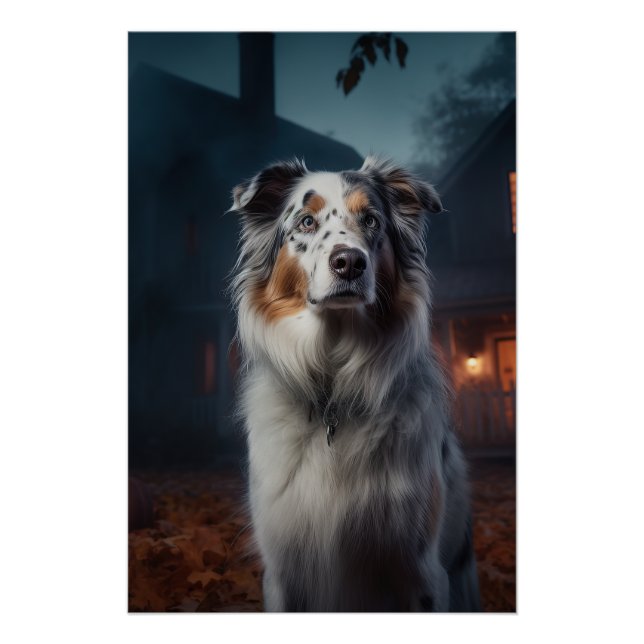 Póster Pastor Australiano Halloween Assustador (Frente)