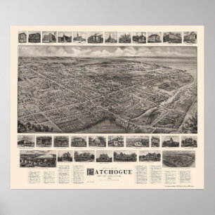 Póster Patchogue, mapa panorâmico de NY - 1906
