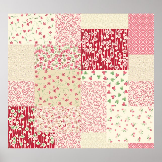 Poster Patchwork Floral: Ornamentos Desenhados À Mão. (Frente)