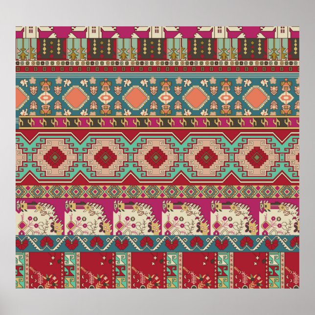 Poster Patchwork geométrica colorida do Damask Floral (Frente)