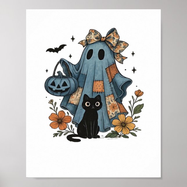Poster Patchwork Halloween Ghost black Cat Essential T-Sh (Frente)