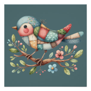 Póster Patchwork Songbird on Blooming Branch