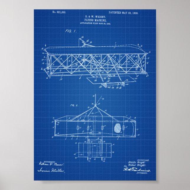 Póster Patente de avião Wright Brothers - Blueprint (Frente)