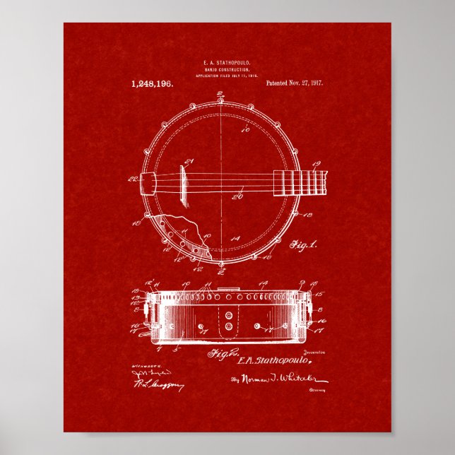 Póster Patente de Construção do Banjo - Vermelho Borgonha (Frente)