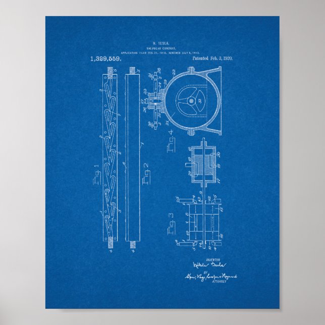 Poster Patente do canal Tesla Valvular - Blueprint (Frente)