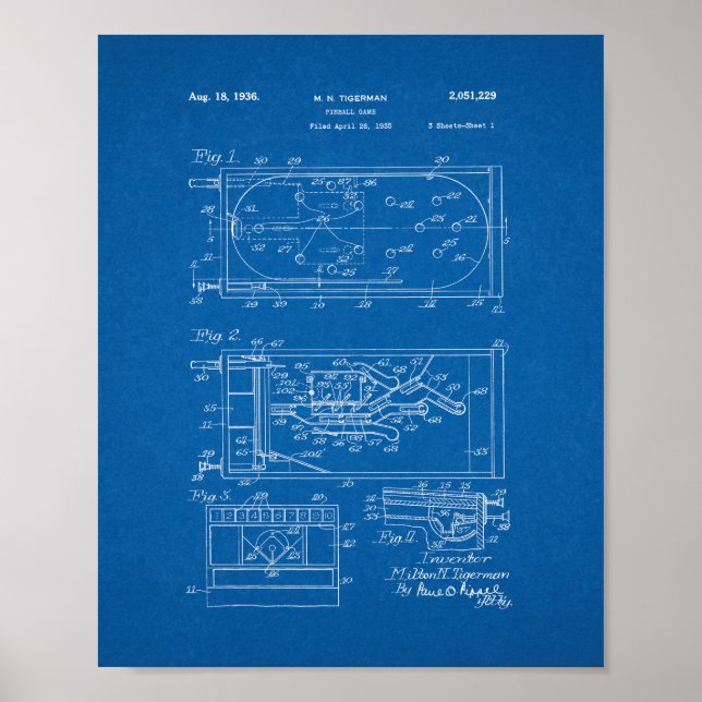 Poster Patente do jogo Pinball - Blueprint (Frente)
