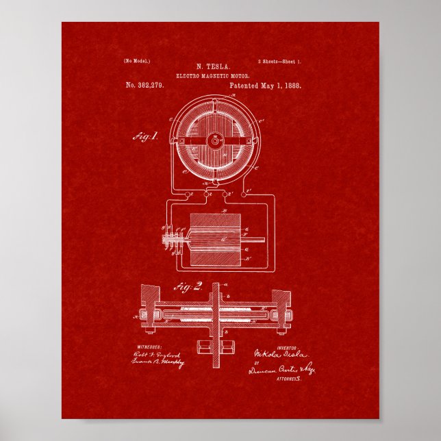 Poster Patente do motor eletromagnético Tesla - Vermelho  (Frente)