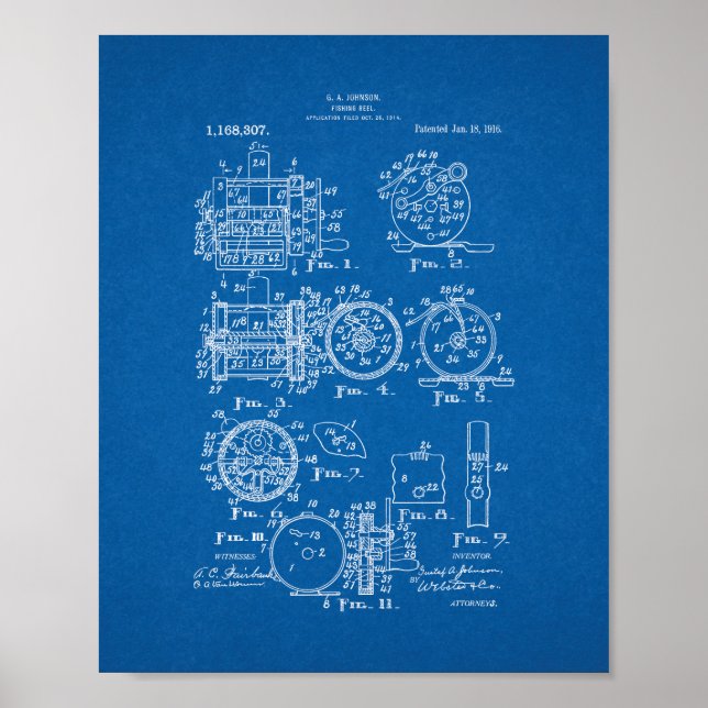 Poster Patente do rolo de pesca - Blueprint (Frente)