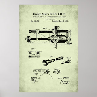 Poster Patente dos EUA - Fonógrafo Cilíndrico