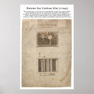 Póster Patente ORIGINAL para o Gin de algodão (1794)