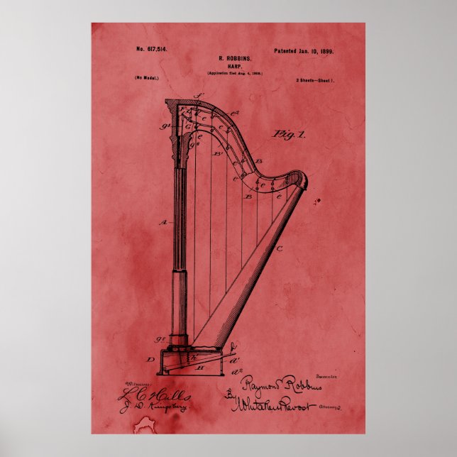 Póster Patente Vintage Rosa Harp (Frente)