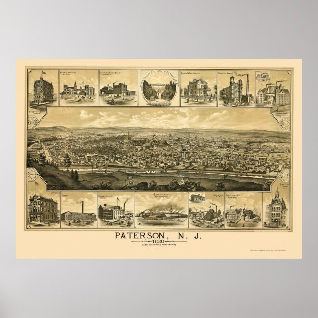 Póster Paterson, Mapa Panorâmico NJ - 1880 (Frente)