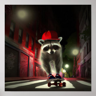 Poster Patinador de guaxinim numa rua à noite