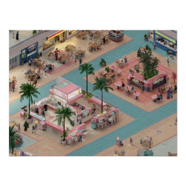Póster Pátio de Alimentação de Shopping Isométrico Retro  (Frente)