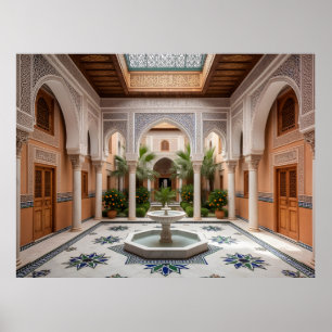 Poster Pátio do Grande Riad Marroquino com Fonte de Mármo
