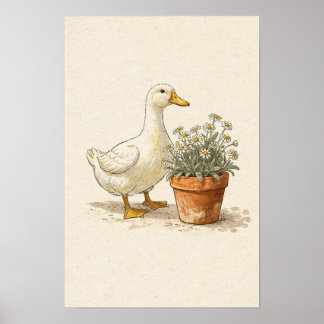 Poster Pato Branco e Margaridas em Vaso - Arte de Parede