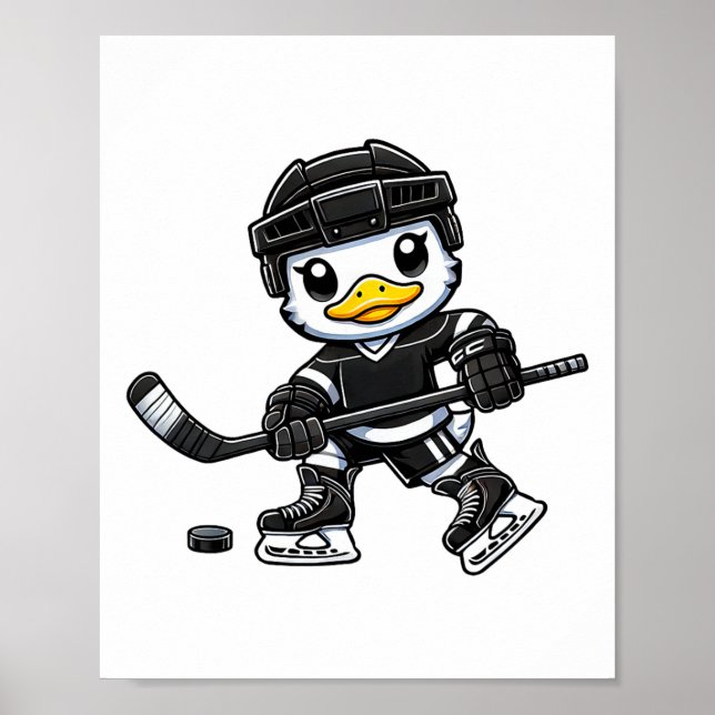Poster Pato Chibi Jogando Hóquei no Gelo Design Fofo (Frente)