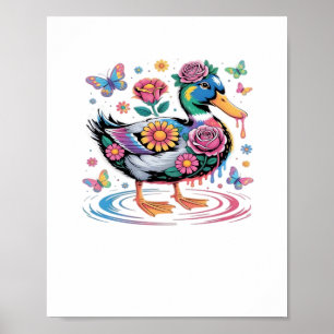 Poster Pato Fantástico Colorido com Flores e Borboletas