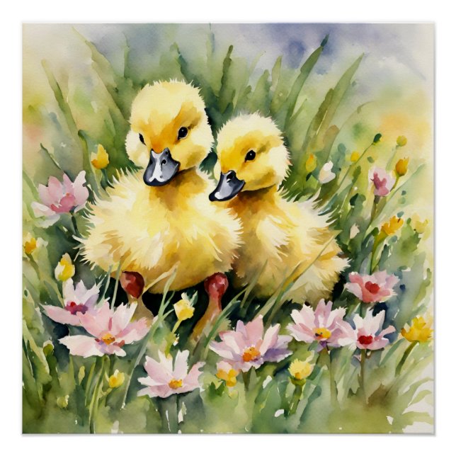 Póster Patos de Aquarelas no Prado de Flores Selvagens (Frente)