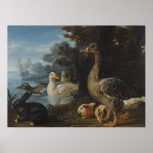 Poster Patos pintados e um coelho em uma paisagem flutuad