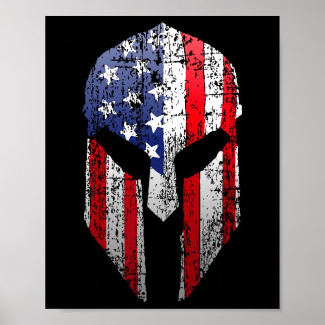 Poster Patriotic American Spartan Warrior Usa Flag Helmet (Frente)