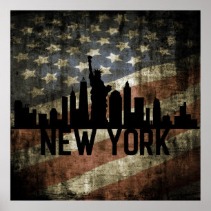 Poster Patriótica New York Skyline Vintage - Bandeira Ame