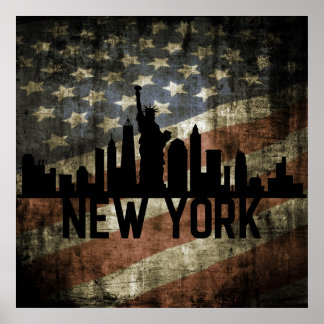 Poster Patriótica New York Skyline Vintage - Bandeira Ame