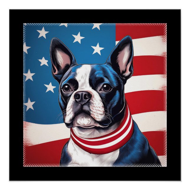 Póster Patriótico Boston Terrier com bandeira americana (Frente)