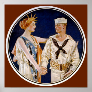 Póster Patriotismo Vintage, Senhora Liberdade com Marinhe