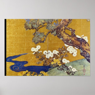 Poster Paulownias branco e crisântemos, Sakai Hoitsu