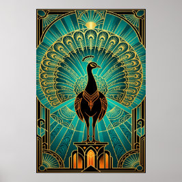 Poster Pavão Art Déco Glamouroso Azul Verde e Dourado