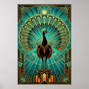 Poster Pavão Art Déco Glamouroso Azul Verde e Dourado