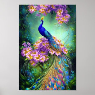 Poster Pavão azul bonito e floral roxo
