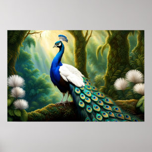 Poster Pavão branco-majestoso e azul na floresta