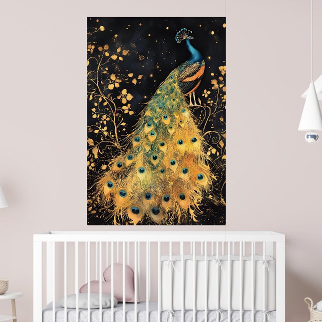 Poster pavão com plumagem vibrante azul e dourada (Berçário 2)