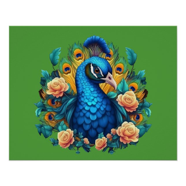 Póster Pavão Com Rosas Pêssego (Frente)