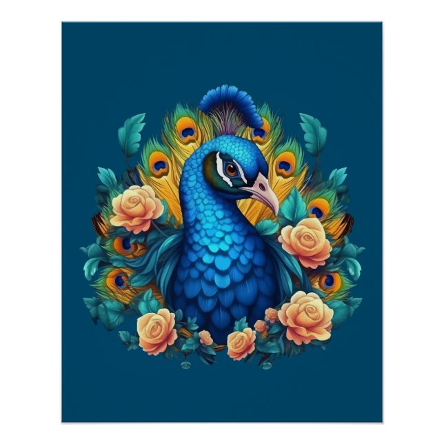 Póster Pavão Com Rosas Pêssego (Frente)