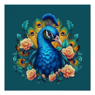 Póster Pavão Com Rosas Pêssego
