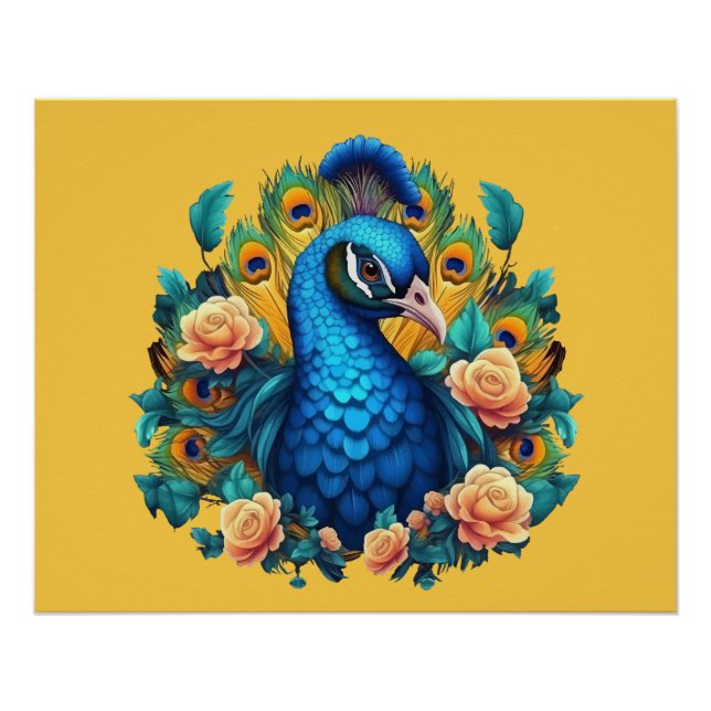 Póster Pavão Com Rosas Pêssego (Frente)