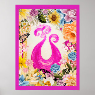 Poster Pavão de ameixa rosa com flores coloridas