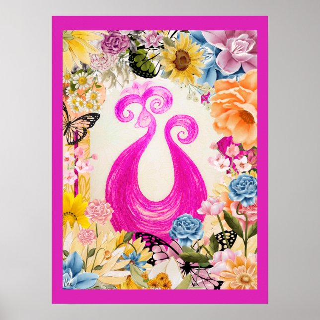 Poster Pavão de ameixa rosa com flores coloridas (Frente)